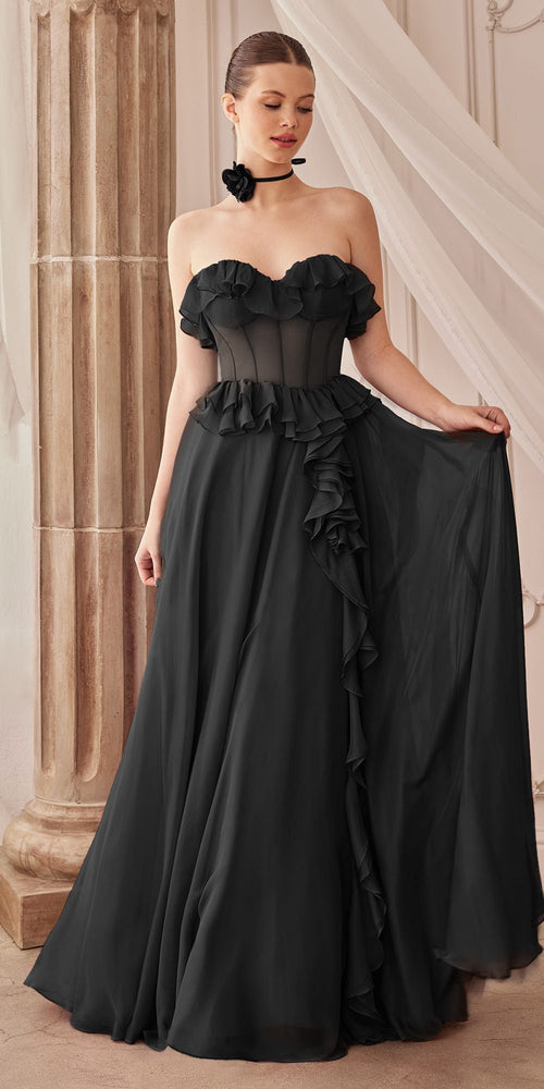 Andrea & Leo A1341 Long Strapless Chiffon Ruffle A-Line Dress