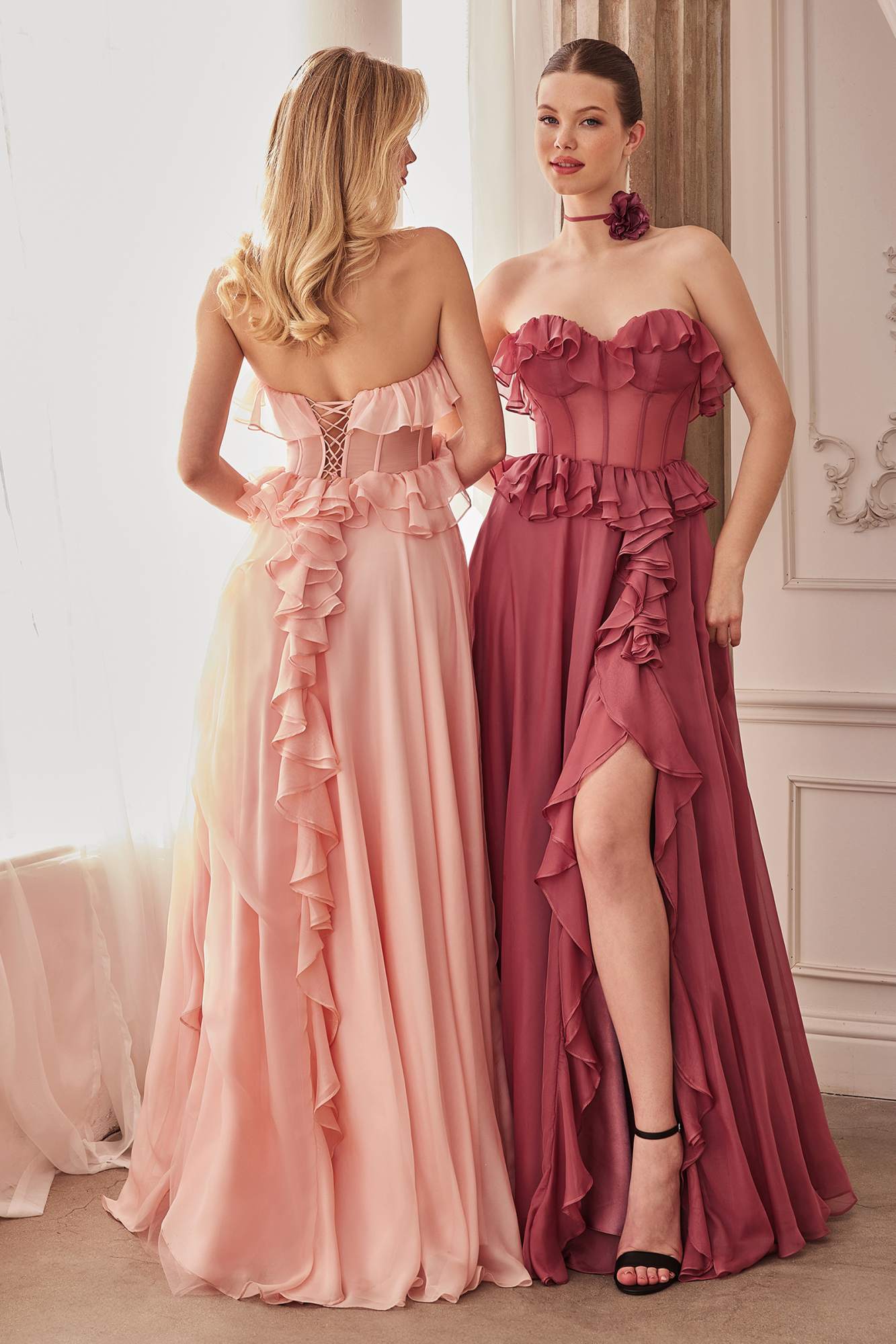 Andrea & Leo A1341 Long Strapless Chiffon Ruffle A-Line Dress
