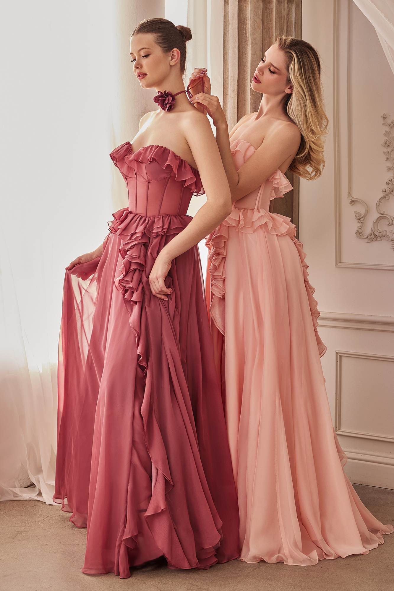 Andrea & Leo A1341 Long Strapless Chiffon Ruffle A-Line Dress