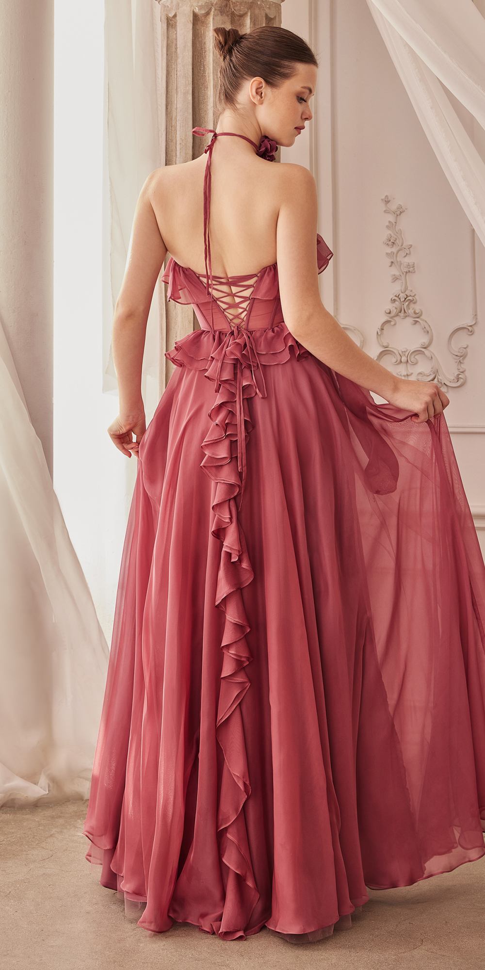 Andrea & Leo A1341 Long Strapless Chiffon Ruffle A-Line Dress