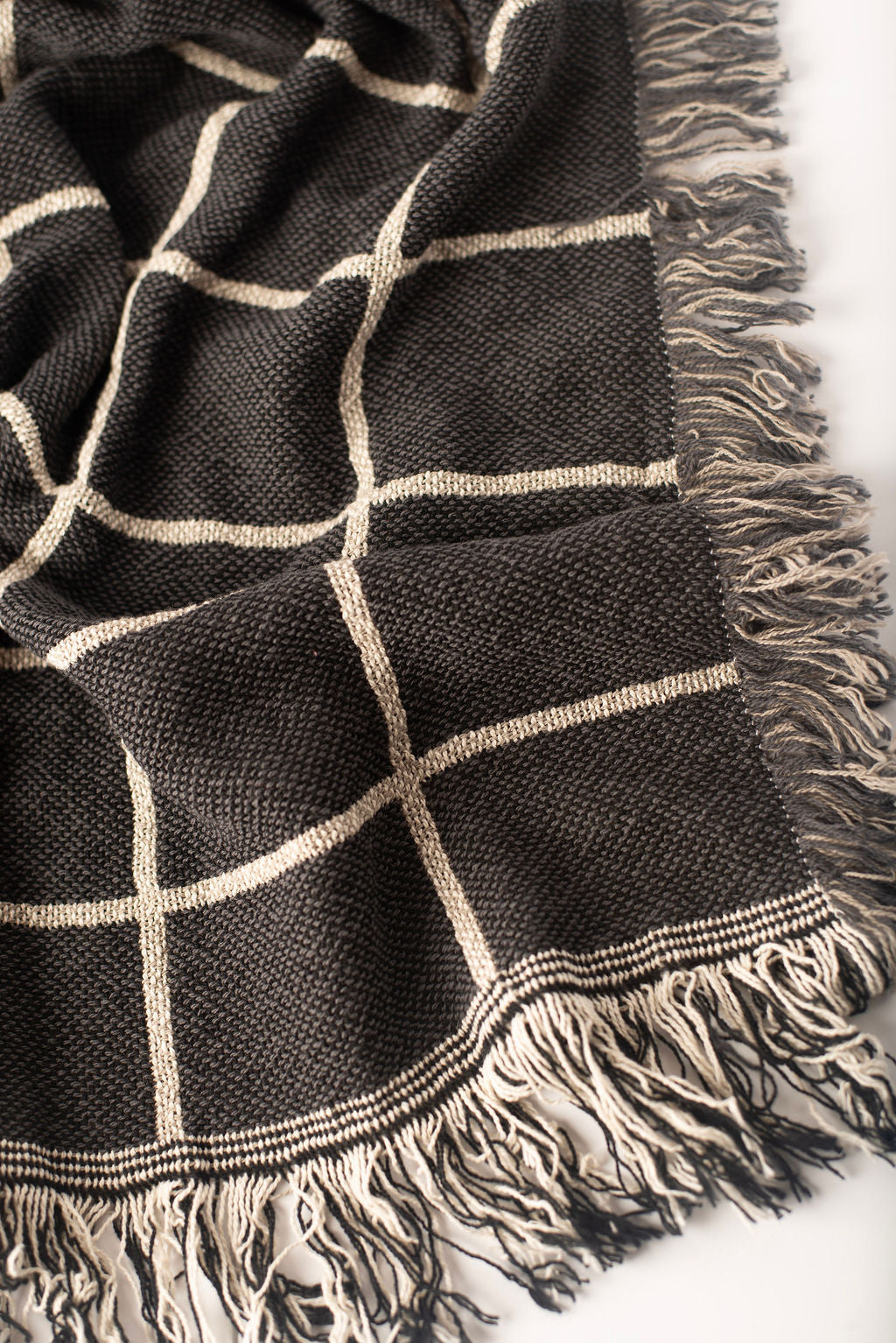 Greer Nocturne Charcoal Grid Jacquard Woven Throw Blanket, Reversible Cotton Throw, Made in USA