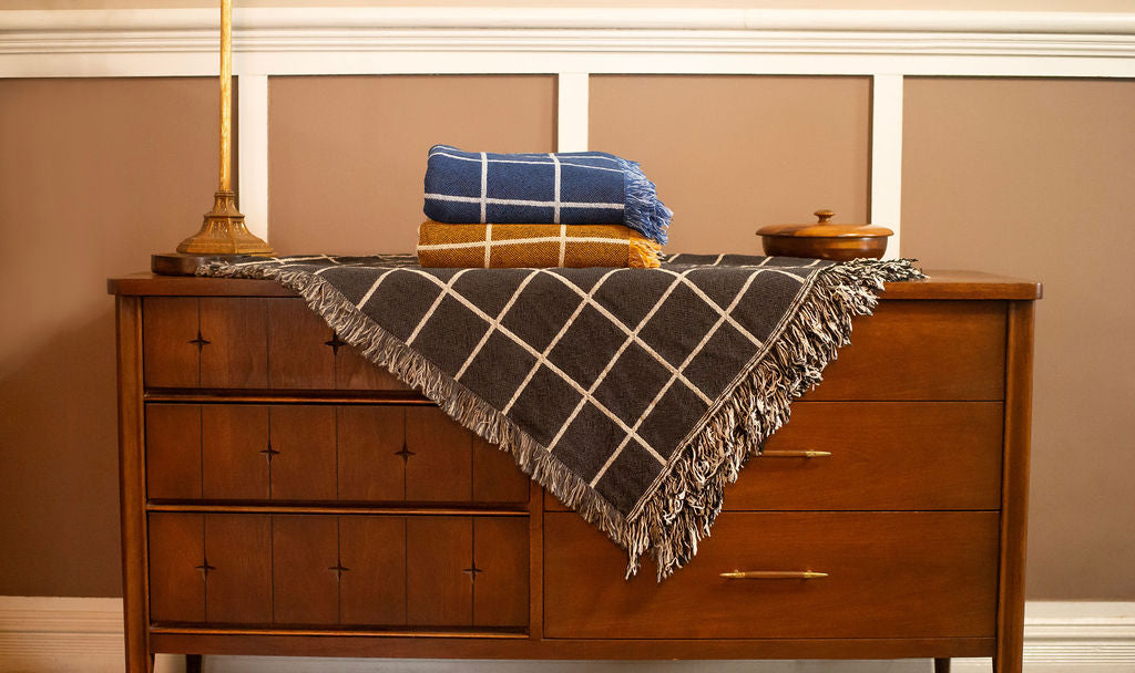Greer Nocturne Charcoal Grid Jacquard Woven Throw Blanket, Reversible Cotton Throw, Made in USA