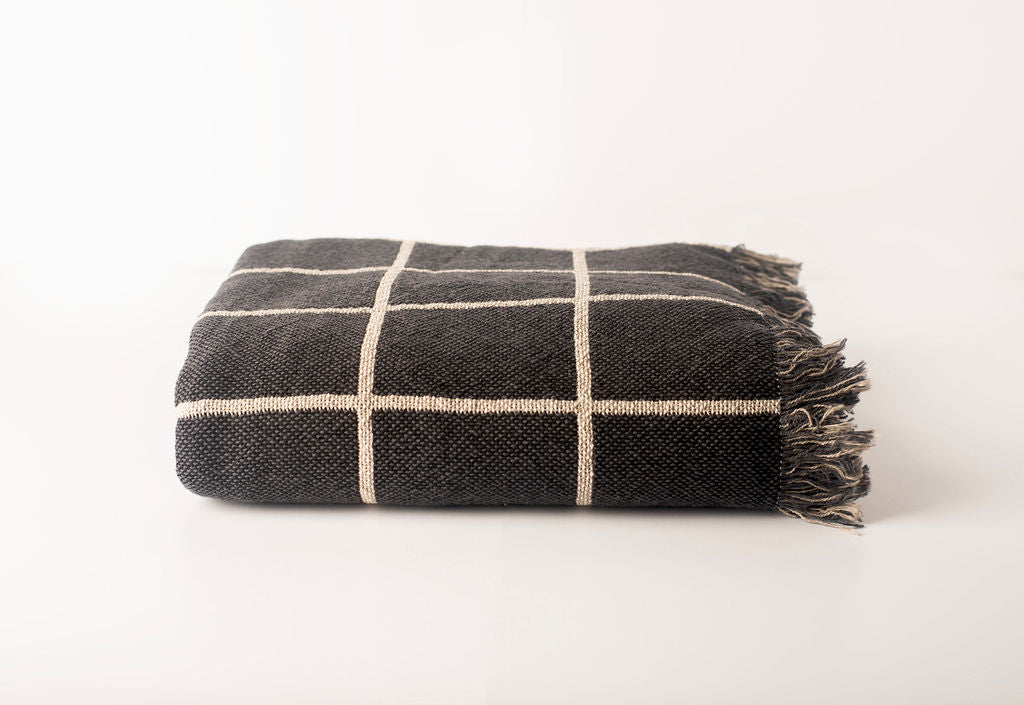 Greer Nocturne Charcoal Grid Jacquard Woven Throw Blanket, Reversible Cotton Throw, Made in USA