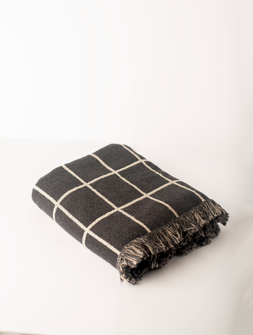 Greer Nocturne Charcoal Grid Jacquard Woven Throw Blanket, Reversible Cotton Throw, Made in USA