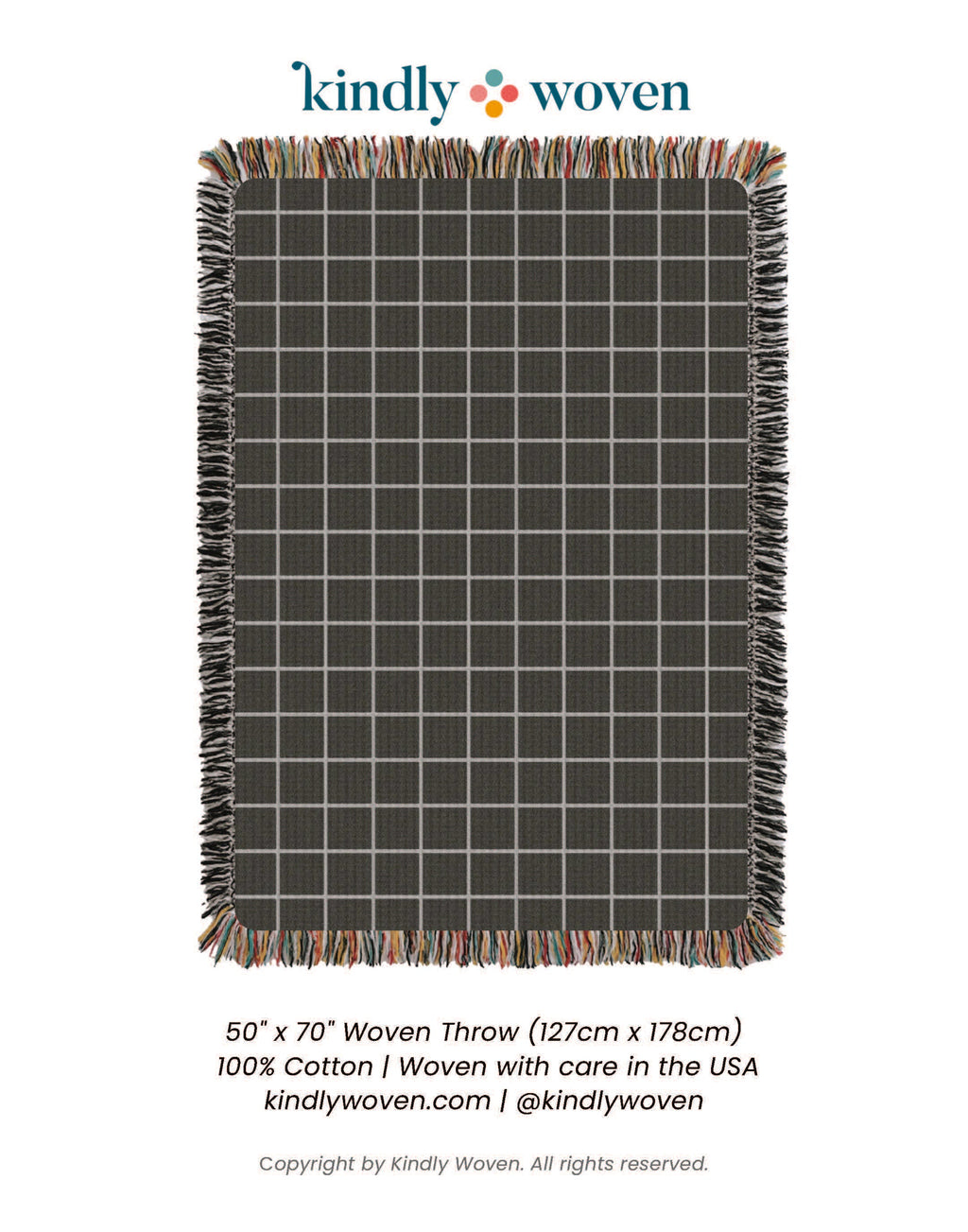 Greer Nocturne Charcoal Grid Jacquard Woven Throw Blanket, Reversible Cotton Throw, Made in USA