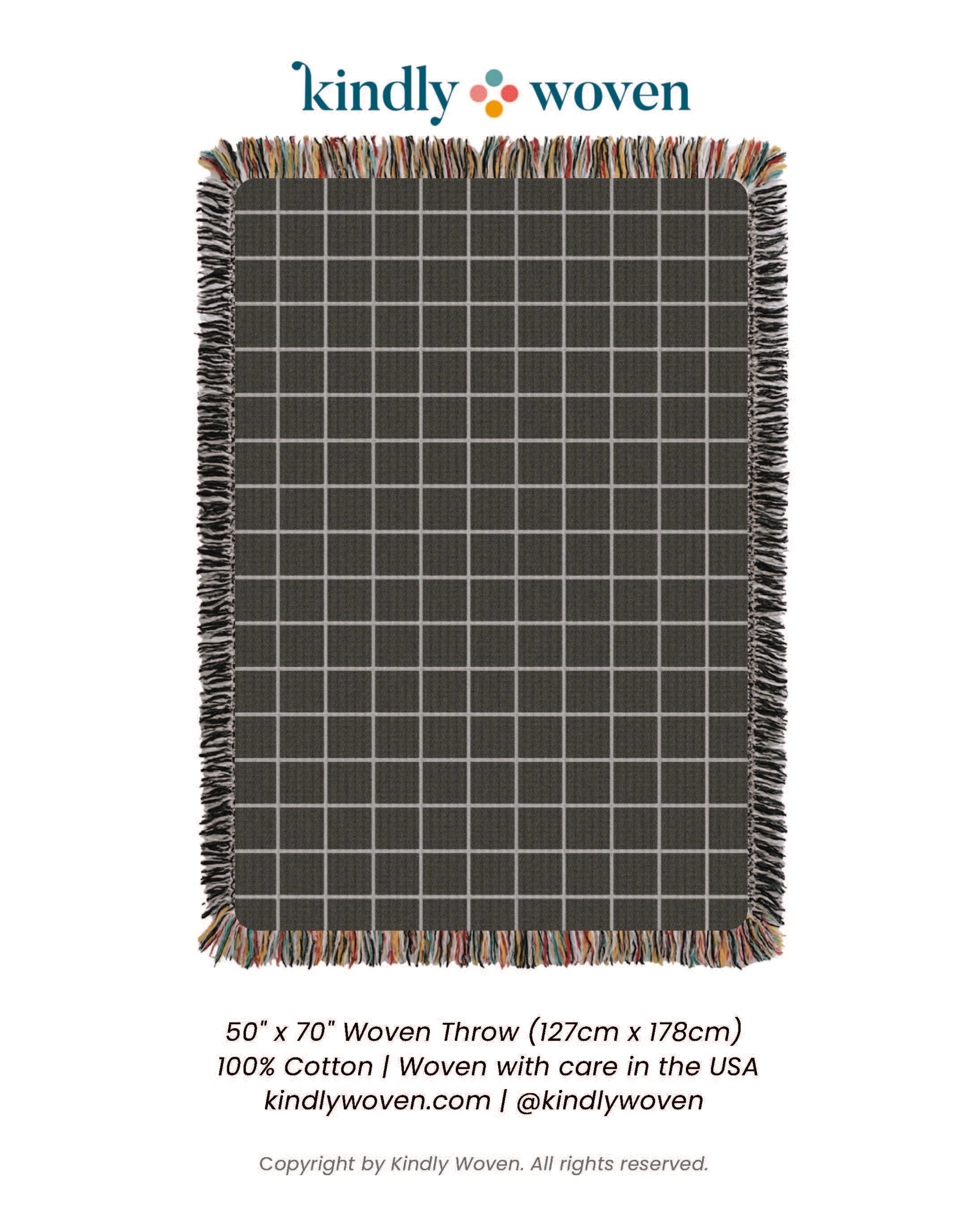 Greer Nocturne Charcoal Grid Jacquard Woven Throw Blanket, Reversible Cotton Throw, Made in USA